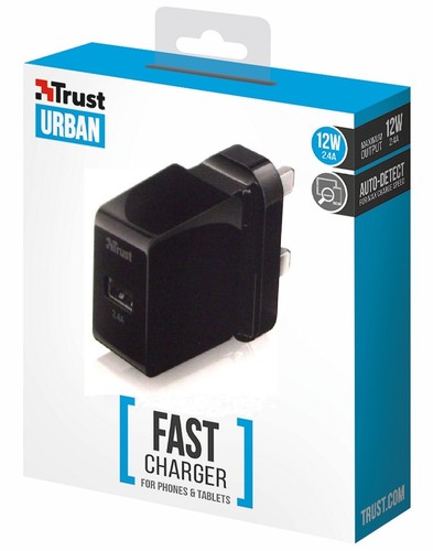 TRUST 22241 FAST UK PLUG MAINS TO USB AUTO-DETECT CHARGER, 2.4 AMPS, 12 WATTS - Picture 1 of 3