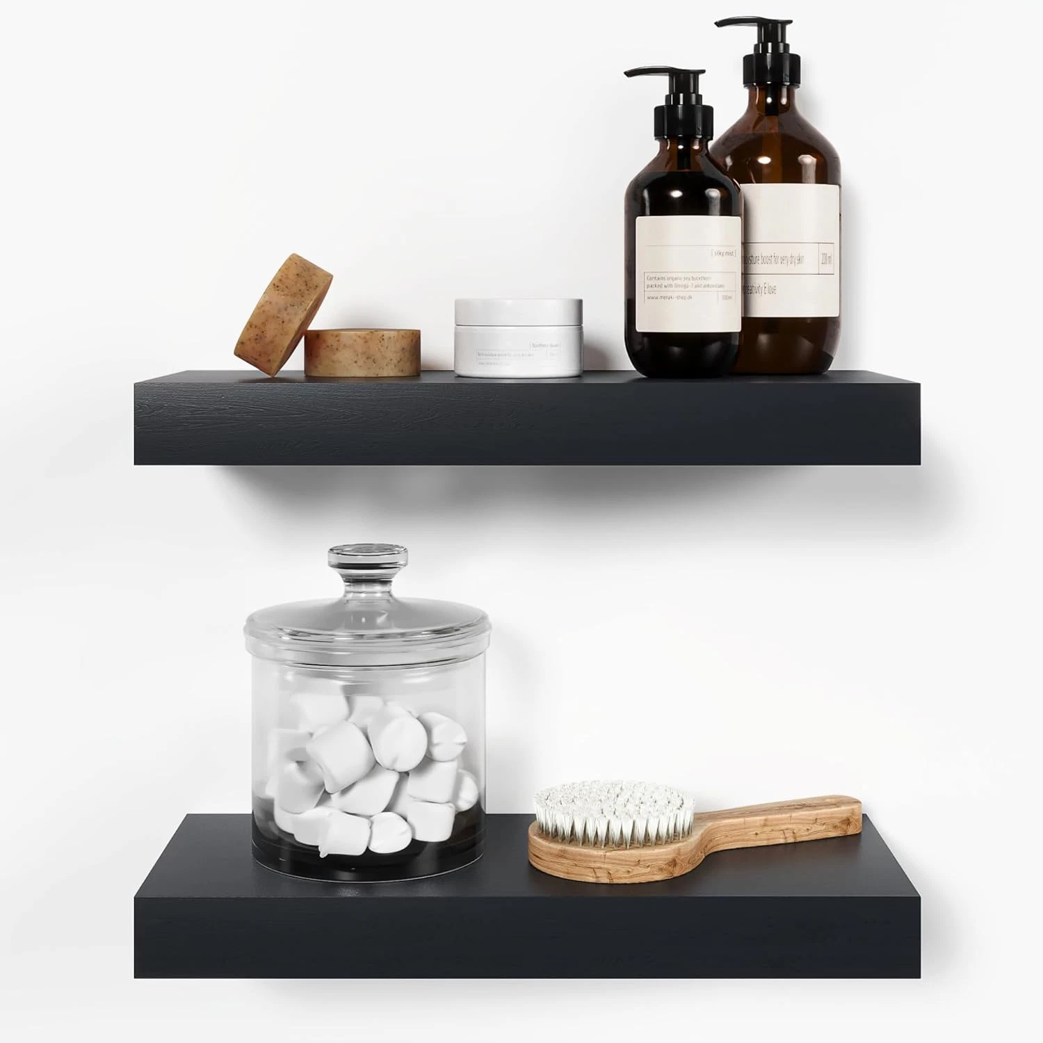 Premium Black Floating Shelves - Solid Wood Wall Storage, Set of 2