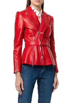 Real Leather Jacket Women Biker Red Motorcycle Genuine Lambskin Ladies Belt Coat