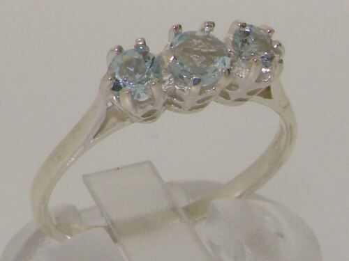 Solid Sterling Silver Natural Aquamarine Ladies Trilogy Band Ring - 第 1/1 張圖片