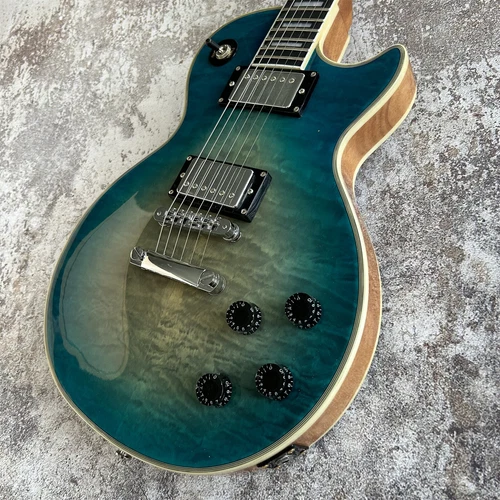 Blue Big Flower LP Electric Guitar HH Pickups Fixed Bridge Frets Wrapped Silk