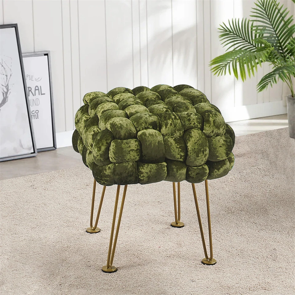 Handwoven Crushed Velvet Ottoman Footstool Soft Plush Pouf with Gold Metal Legs - Image 3 of 4