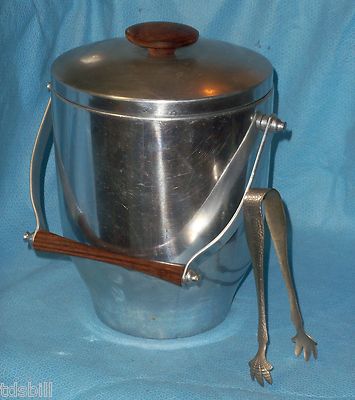 Mid-Century Double Wall Insulated Aluminum  Ice Bucket w/ Teak Handles - Italy