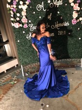 Royal Blue Off -Shoulder Sequin Long Train Prom Dress Size 4