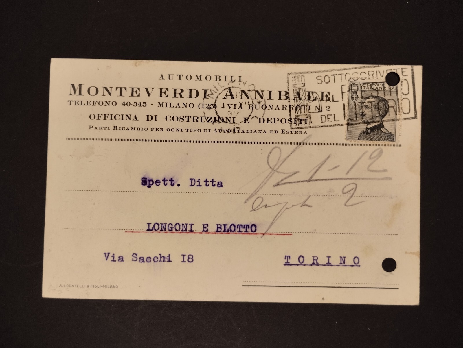 Cartolina Commerciale Milano Automobili Monteverde 1926 KY2424
