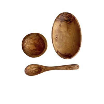 Salzset mit Saucenhalter und Teelöffel Olivenholz Handarbeit
