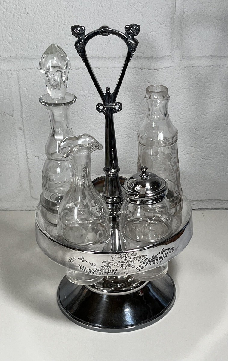 Antique Wilcox Silver Plate Rotating 5 Condiment Cruet Set #533