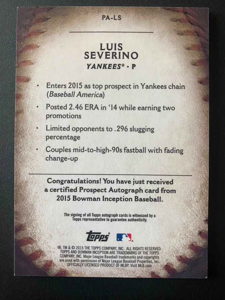 2015 Bowman Inception Luis Severino RC Auto Ser. #'d /99 *SHARP!* - Image 2 of 2