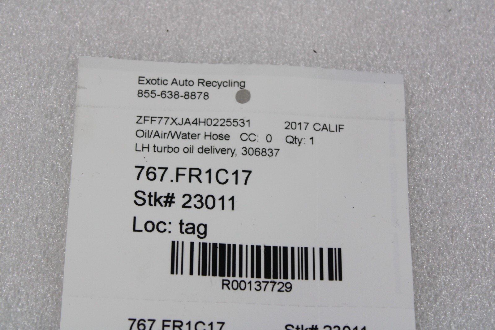 Ferrari Portofino, California T, LH, Turbo Oil Delivery Pipe, Used, P/N 306837