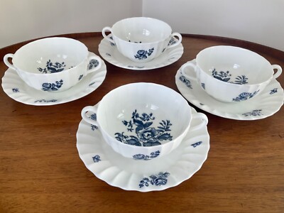 Vtg Royal Worcester BLUE SPRAYS Set of 4 Cream /Soup Bowls & Underplates England