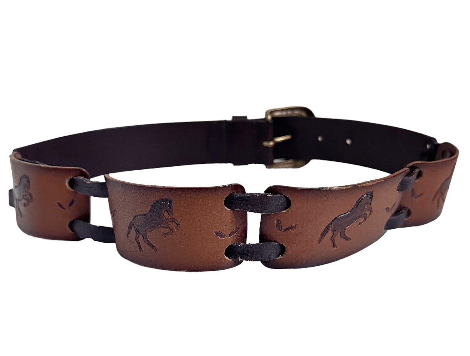 Brown Leather Link Belt Tooled Horses Equestrian Rode… Gem