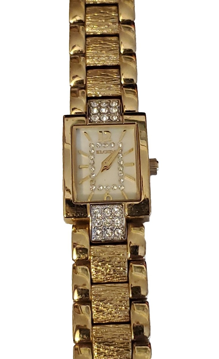 Vtg LADIES ELGIN Gold Tone Quartz Watch Crystal Accents