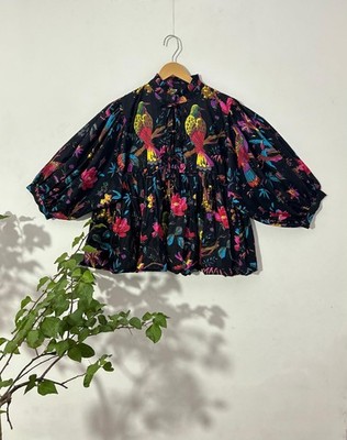 Indian Style Cotton Floral Balloon Sleeve Blouse Women Bohemian Peasant Top