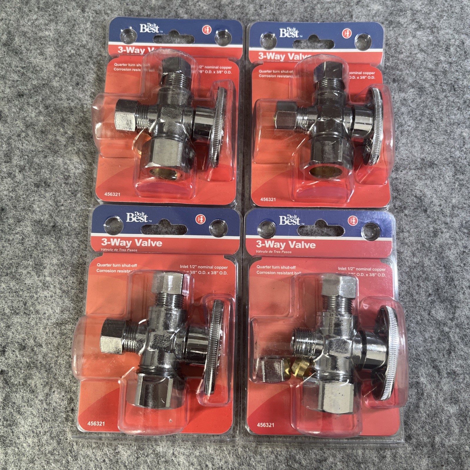Lot of 4, 3-WAY VALVE Inlet 1/2" Outlet 3/8" x 3/8" OD Quarter-Turn Shut Off