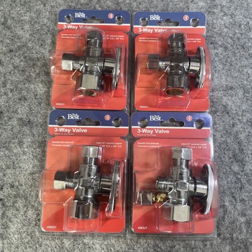 Lot of 4, 3-WAY VALVE Inlet 1/2" Outlet 3/8" x 3/8" OD Quarter-Turn Shut Off