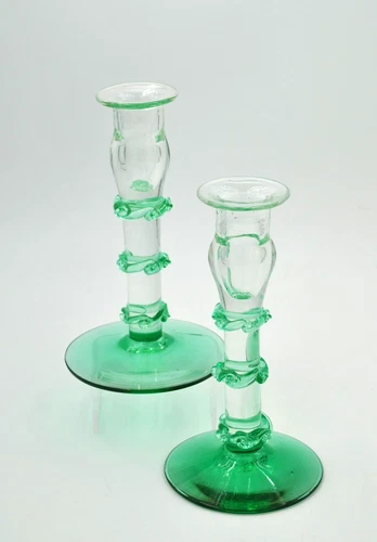 Pair of Vintage Blenko Glass Candlesticks #476CS - Sea Green
