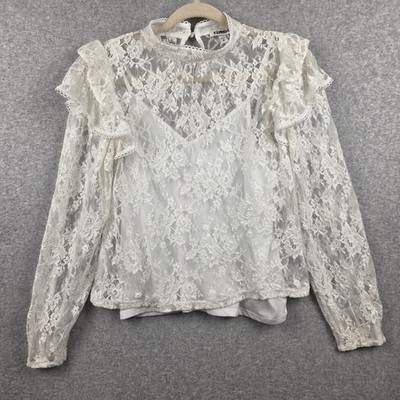 Express Blouse Womens Small White Floral Lace Sheer Mock Neck Ruffle Coquette 