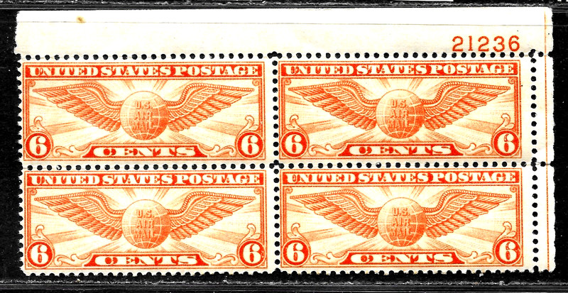 HICK GIRL-M.N.H.  U.S.  AIRMAIL  PLATE BLOCK SC#C19    WINGED GLOBE        A1