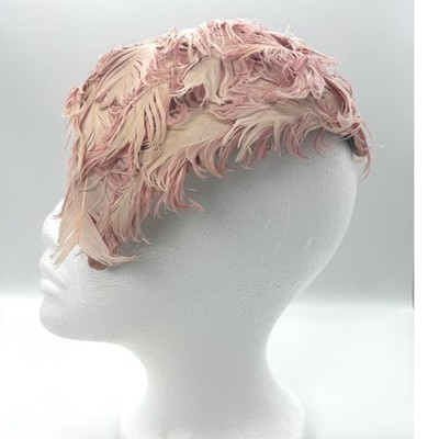 Vintage Blush Pink Champagne Fascinator Feather Flapper Cap Hat Curled Glam Vintage Blush Pink Champagne Fascinator Feather Flapper Cap  main image 2