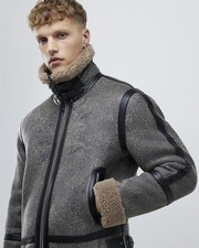 River Island Mens Jacket Black Washed Faux Shearling Collared Outerwear Top