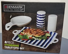NEW NIB Blue & White Dishwasher Safe Stoneware 4 Pc Tabletops Set DENMARK