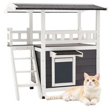 Outdoor Cat House 2-Story Wooden Cat Shelter Stairs  Balcony Elevated Fer