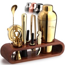 Cocktail Shaker Set with Dark Bamboo Stand - Professional 10-Piece Bartender ...