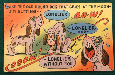 Postcard Humor Old Hound Dog Cries at Moon Lonelier Without You Posted 1958,