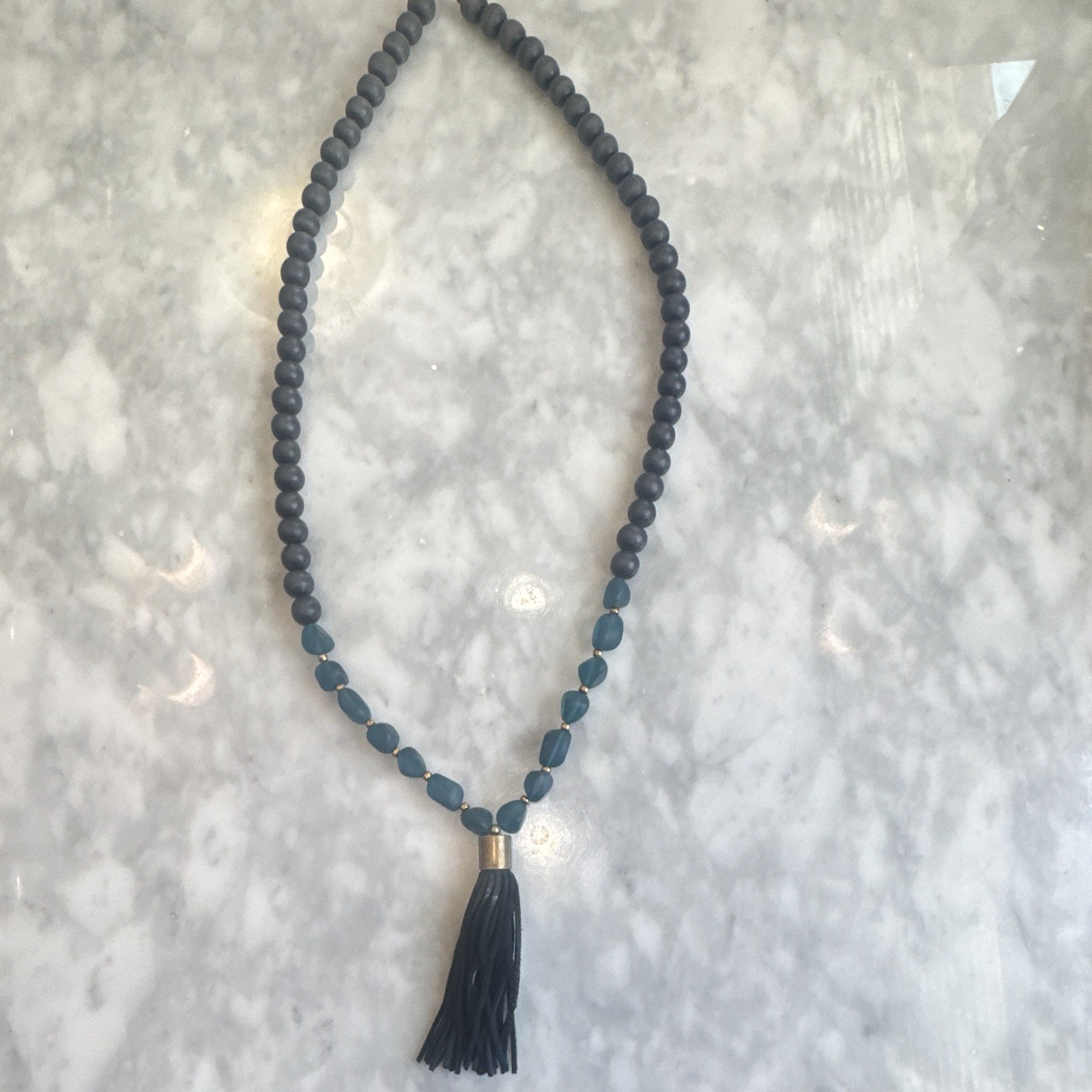 Blue Glass Beaded Ball/Bead Chain Necklace Black Leather Tassel Pendant