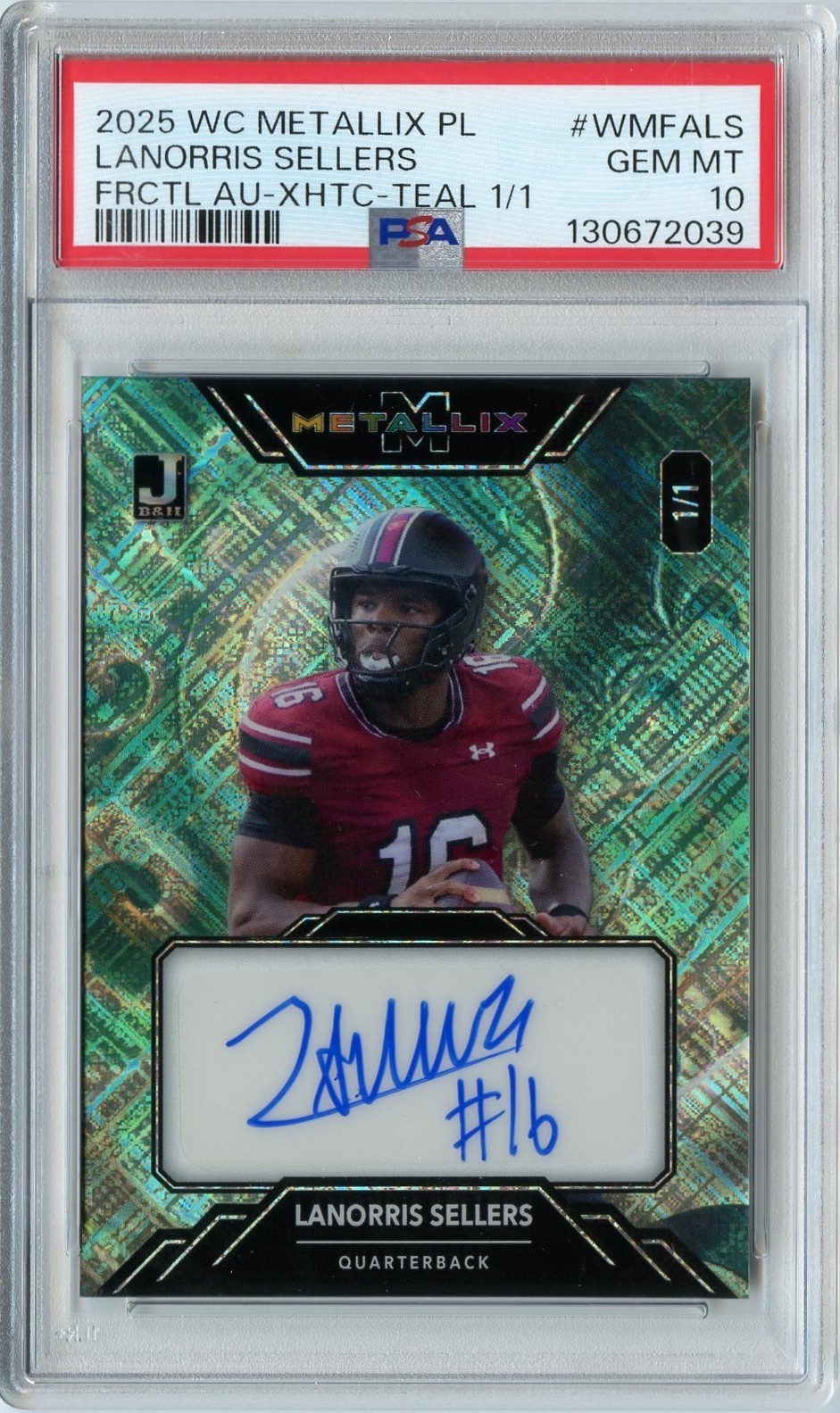 LANORRIS SELLERS 2025 WILD CARD TEAL FRACTAL ROOKIE AUTO #'D 1/1 PSA 10 GEM MINT