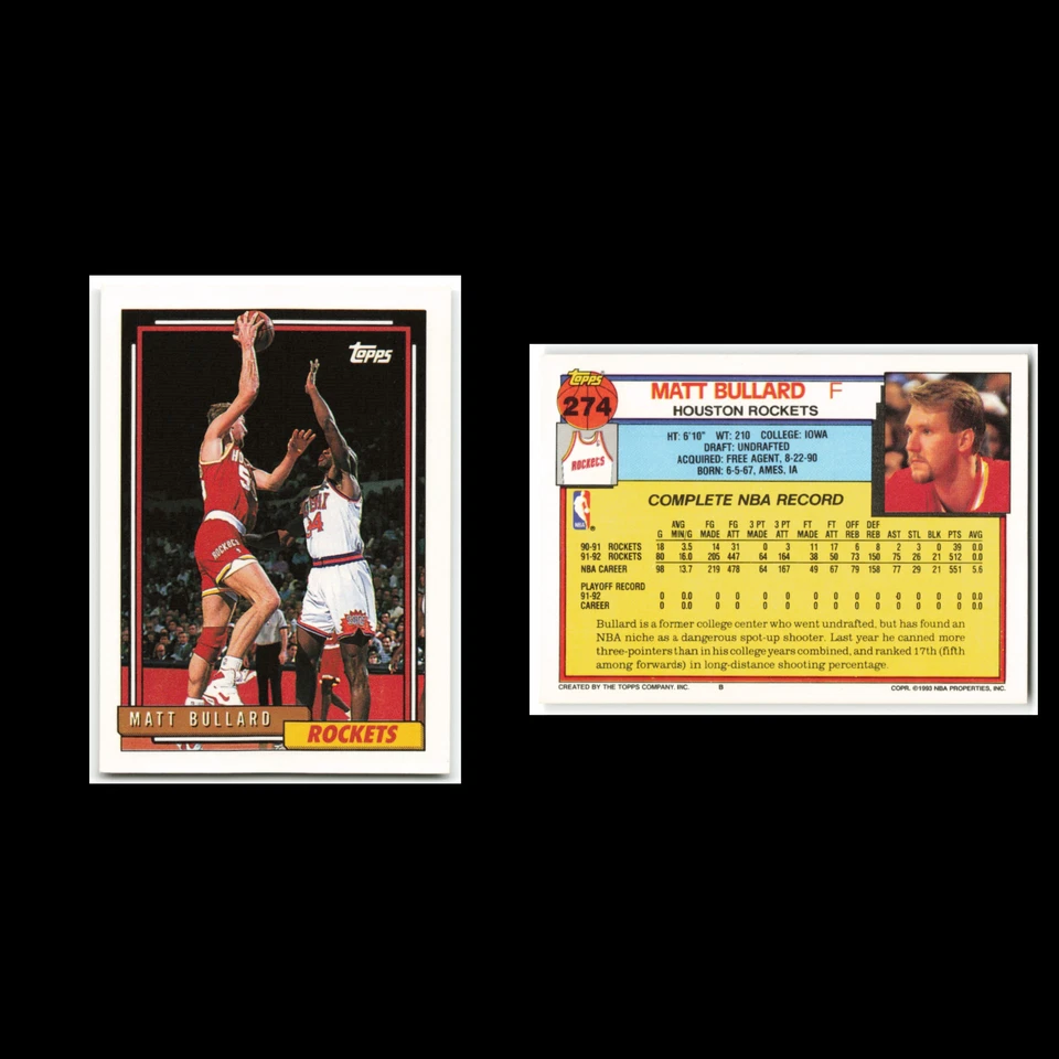 Matt Bullard #274 1992 Topps Houston Rockets Basketball Card NBA NM - Image 3 of 3