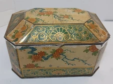 Vintage Floral Octagon Tin Container 6.5"x4.5"x4" Made in England Metal Box Co.