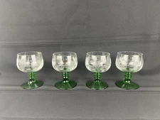 Vintage Set of Four (4) Wine Glasses Etched Grapes Green Beehive Stem 4" Tall