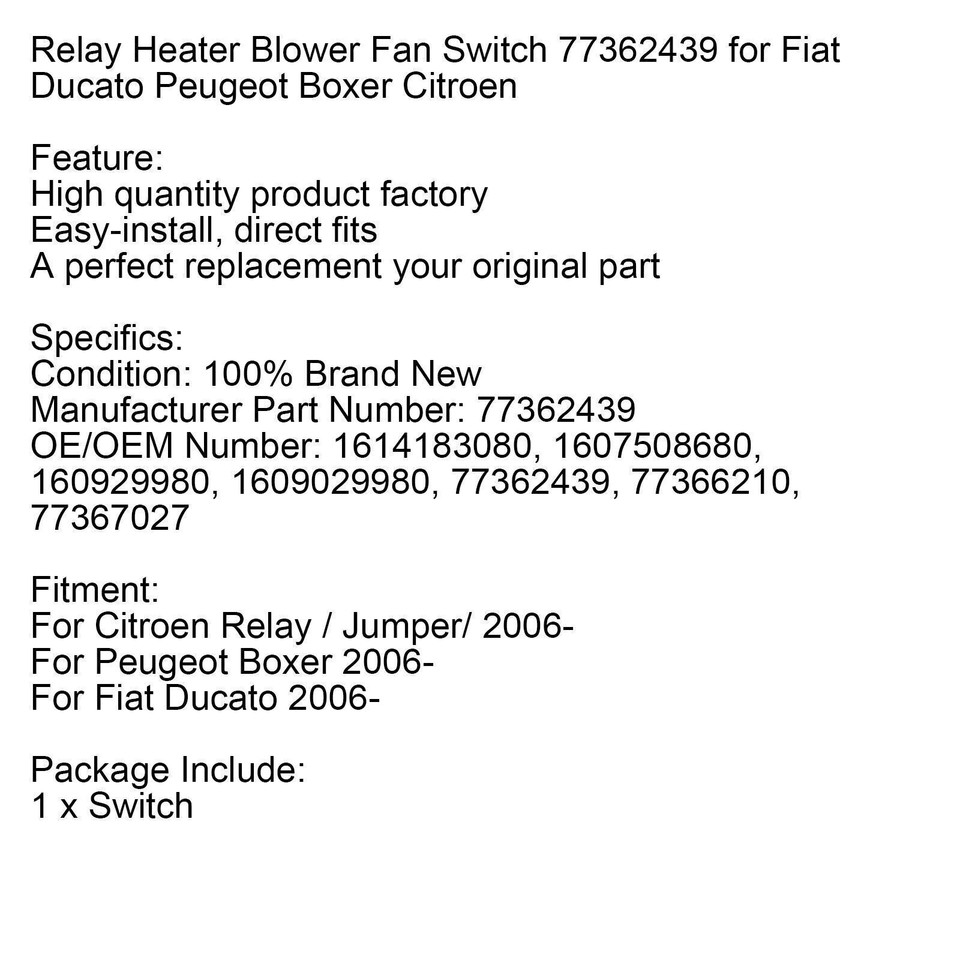 Relay Heater Blower Fan Switch 77362439 for Fiat Ducato Peugeot Boxer