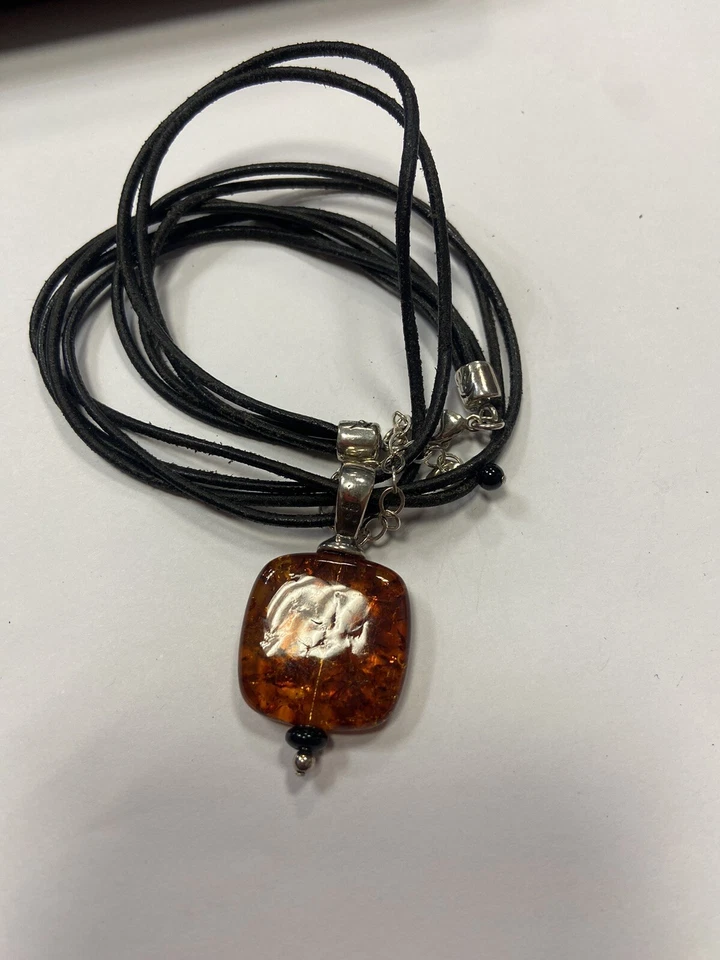 Silpada plata esterlina ámbar cuadrado ónix colgante cuero negro cordón s1285 Foto 2 de 4