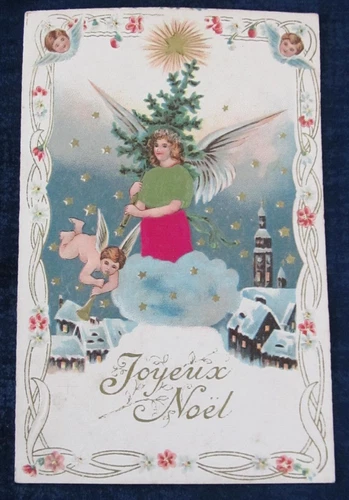 Old postcard guardian angel Christmas Merry Christmas tree snow