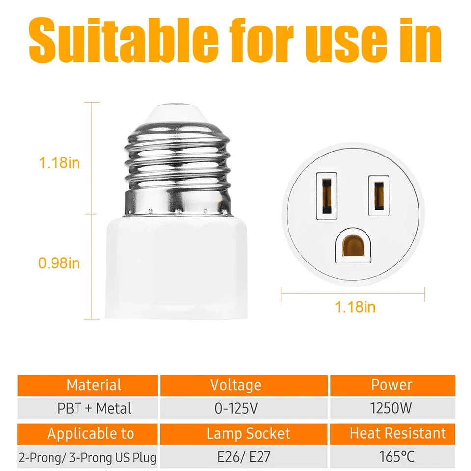4Pcs E26/ E27 Light Bulb Outlet Adapter 2/3 Prong Light Socket to Plug Adapter - Image 4 of 4