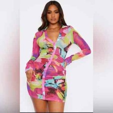 Pretty Little Thing Women's Multi Abstract Print Mesh Asymmetric Runched Dress