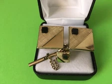   Vintage Swank 60’s Mid Century Black Onyx Stone Cufflinks & Matching Tie Tack 