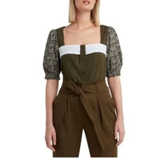 NWT H by Halston Mixed Media Floral Poplin Top Blouse in Green sz L 