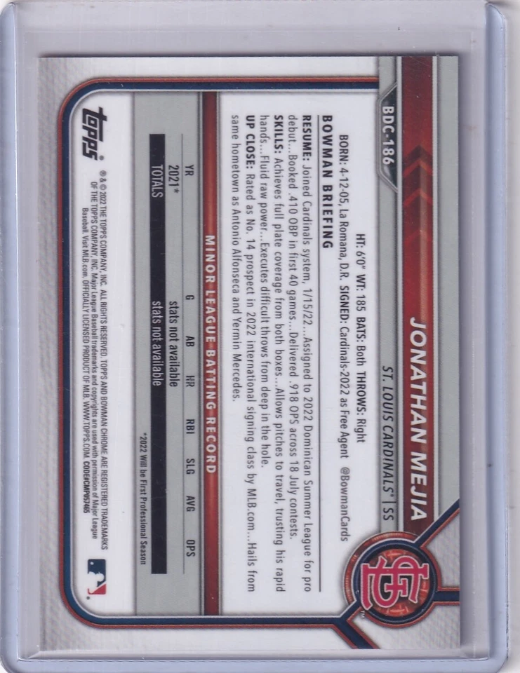 2022 Bowman Draft Sapphire Edition #BDC-186 Jonathan Mejia Orange #/25 - Image 2 of 2