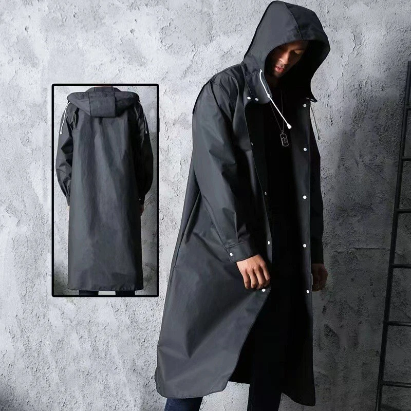 Hombres Negro Impermeable Largo Impermeable Impermeable Impermeable Impermeable Chaqueta con Capucha Trench Chaqueta Exterior Senderismo Foto 4 de 4