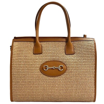 Modarno Tasche Shopper mit Schultergurt aus echtem Leder und Bast Made in Italy 34x13x26