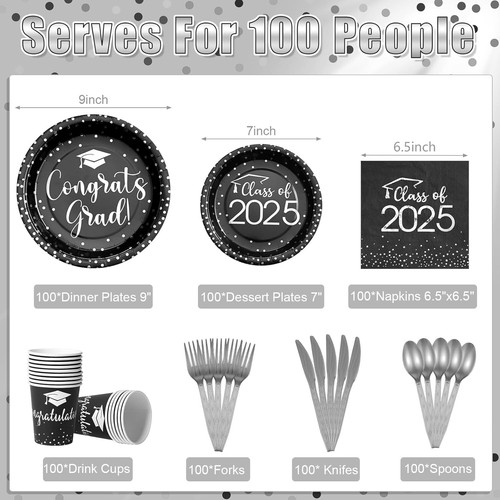 700pcs Graduation Party Supplies - Stylish Black & Silver Plates & Napkins - Picture 4 of 10