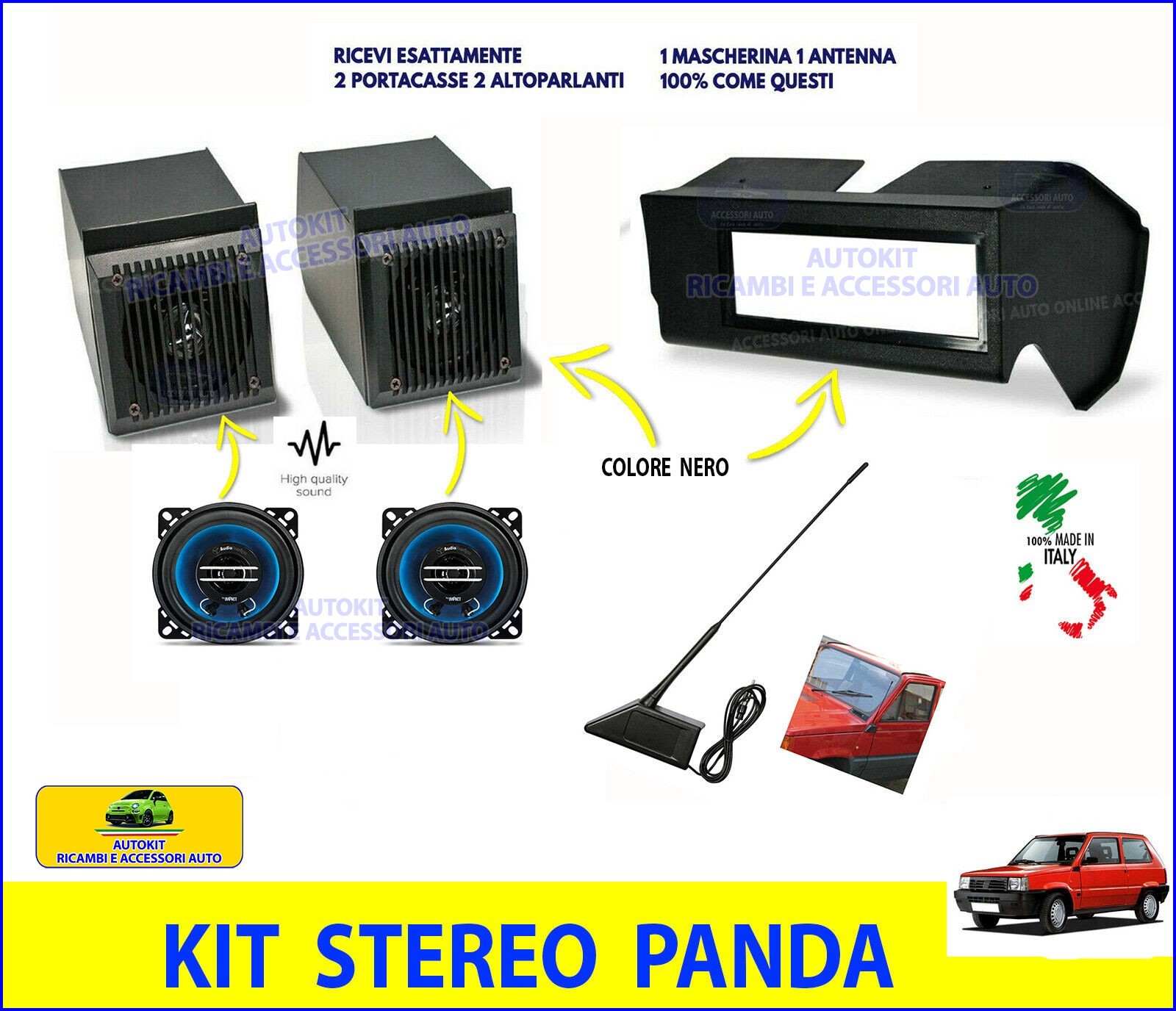 Kit audio per FIAT Panda 141 autoradio casse nere antenna mascherina stereo  