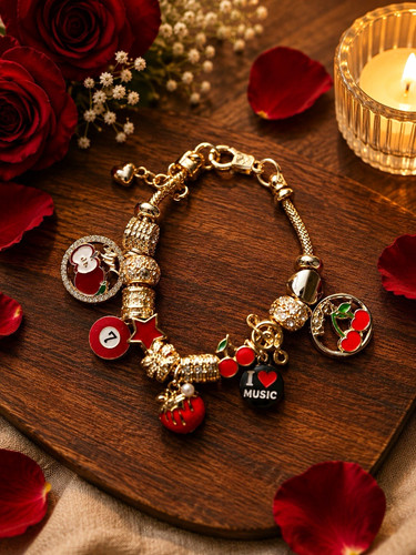 Gold Tone Charm Bracelet Red Enamel Dangle Charms Clear Crystal Lobster