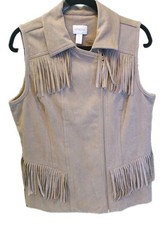 Women's Tan Beige Faux Suede Fringe Moto Western Zip Vest Size 1 Made By CHICO'S