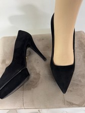 PRADA Black Suede Platform Stiletto Pumps Pointed Toe Women's Size 37.5