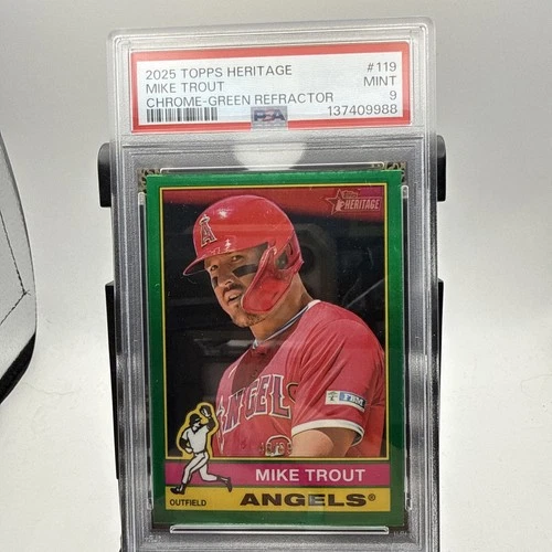 2025 TOPPS HERITAGE CHROME-GREEN REFRACTOR #119 MIKE TROUT 48/99 PSA 9