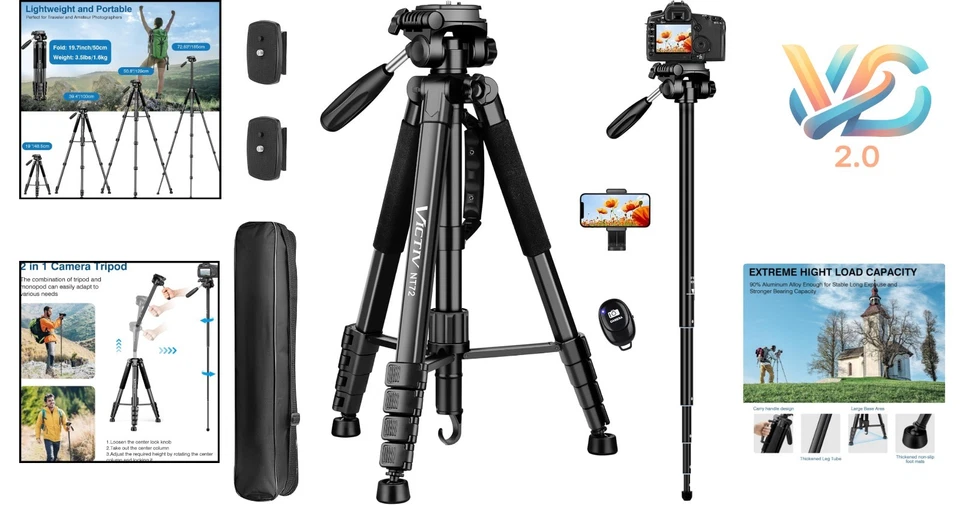 Compact 72" Aluminum Tripod with Remote - Ideal for DSLR & Video Capture - Image 2 of 4